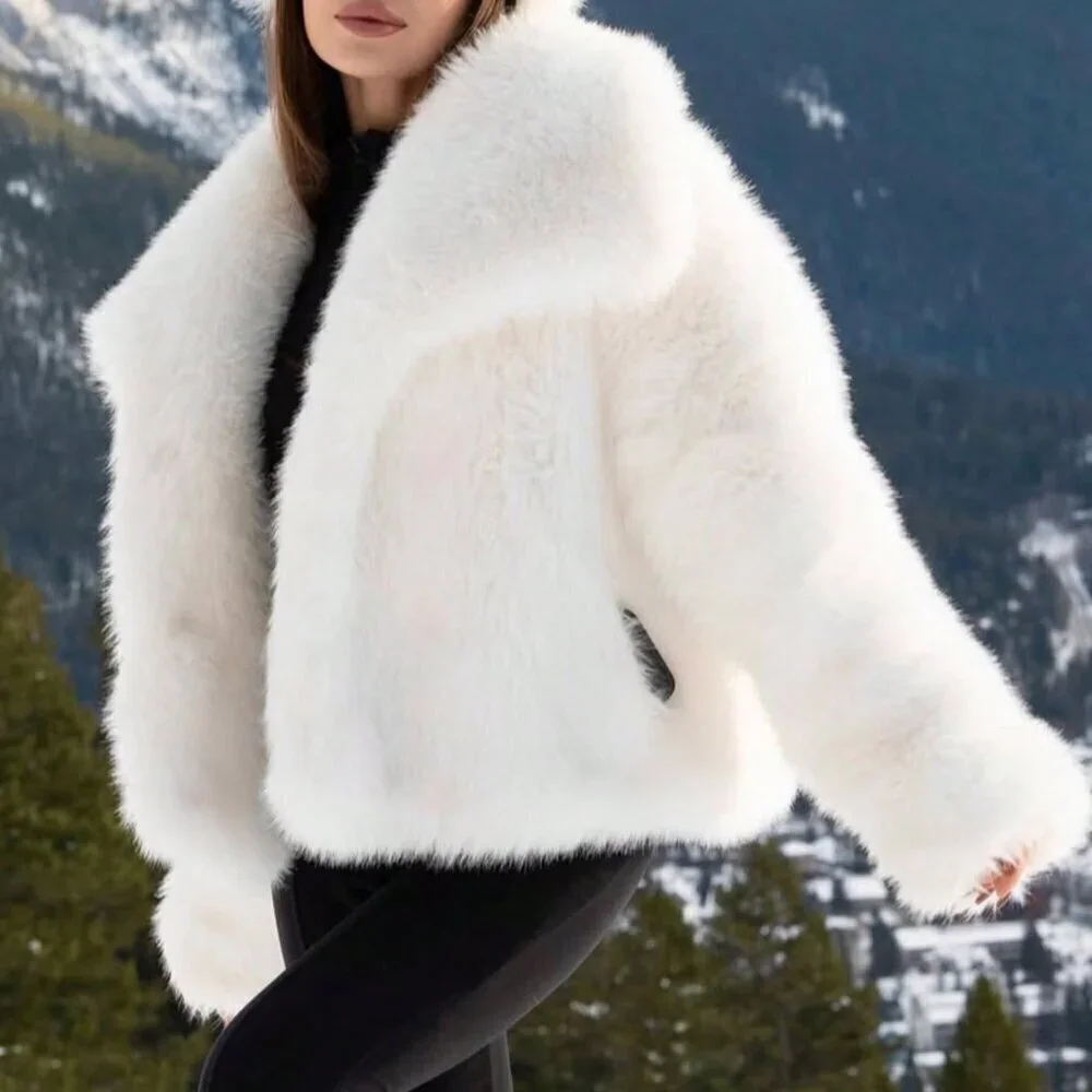 White Preppy Women's Casual Luxury Faux Fur Coat